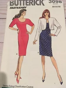 UC Butterick 3098 Vintage 80s Fitted Dress Sewing Pattern Size 12 14 16 Jacket - Picture 1 of 2