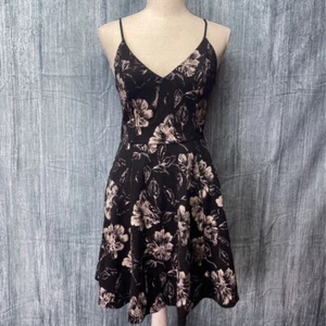 Eight Sixty Womens A Line Dress Black Beige Floral Stretch V Neck Zipper Size S - Picture 1 of 9