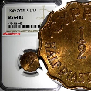 Cyprus BRITISH COLONY 1949 1/2 Piastre NGC MS64 RB 1 YEAR TYPE  KM# 29 (053) - Picture 1 of 4