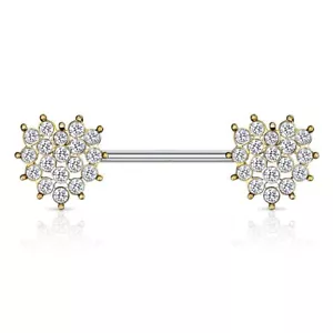 Gold Plated Nipple Piercing With White Crystal Hearts - Picture 1 of 1