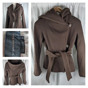 BCBGMaxazria Womens Pea Coat Belted Shawl Collar Hood Brown Textured Wool Raglan - Picture 1 of 17