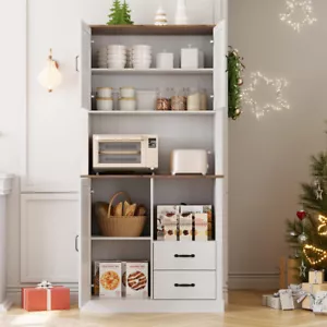 Pantry Cabinet with 2 Drawers and Open Shelves, Tall Freestanding Kitchen Pantry - Picture 1 of 7