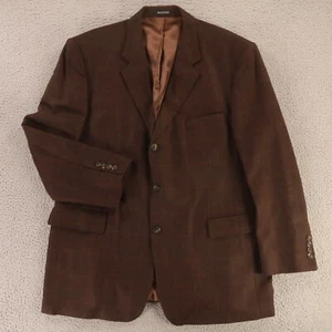 VTG Tweed Jacket XL Brown Windowpane Check 100% Wool Cashmere Blazer 46R - Picture 1 of 16