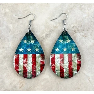 NUEVO Pendientes Lágrima Envejecidos Bandera Americana Gancho Cuelga Madera Sublimada - Imagen 1 de 4