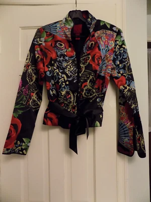 Chaqueta JS Collections BOLD Negra Roja Seda Oriental Asiática Floral Mandarín Corbata 6 Foto 1 de 4