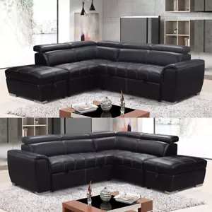 New Nevada Leather Corner Sofa Bed Black 4 to 5 Seater Storage Ottoman Headrest - Picture 1 of 11