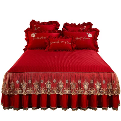 Luxury Solid Lace Quilted Bedspread Queen King Size Bed Skirt Pillow Shams 3pcs - Image 1 of 4