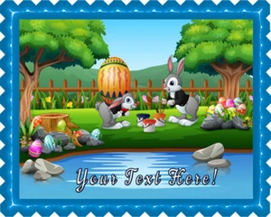 Happy Bunnies Painting a Large Easter Egg - Edible Cake Topper or Cupcake Topper - Picture 1 of 15