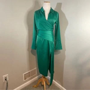 ASOS DESIGN Curve drape shirt midi dress in satin emerald green Size 6 - Picture 1 of 7