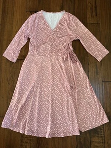 Women Faux Wrap Dress V Neck 3/4 Sleeve Midi Length Pink And White - SIZE SMALL - Picture 1 of 2