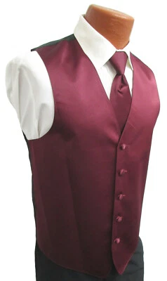 New Men's Burgundy Wine Satin Fullback Tuxedo Vest & Tie Size XS - Image 1 of 3