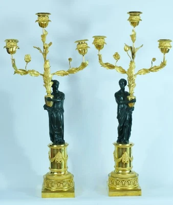 Ancien Grand chandelier Candélabre Bronze doré Bougeoirs Rome Antique Pavots 18e - Photo 1/4