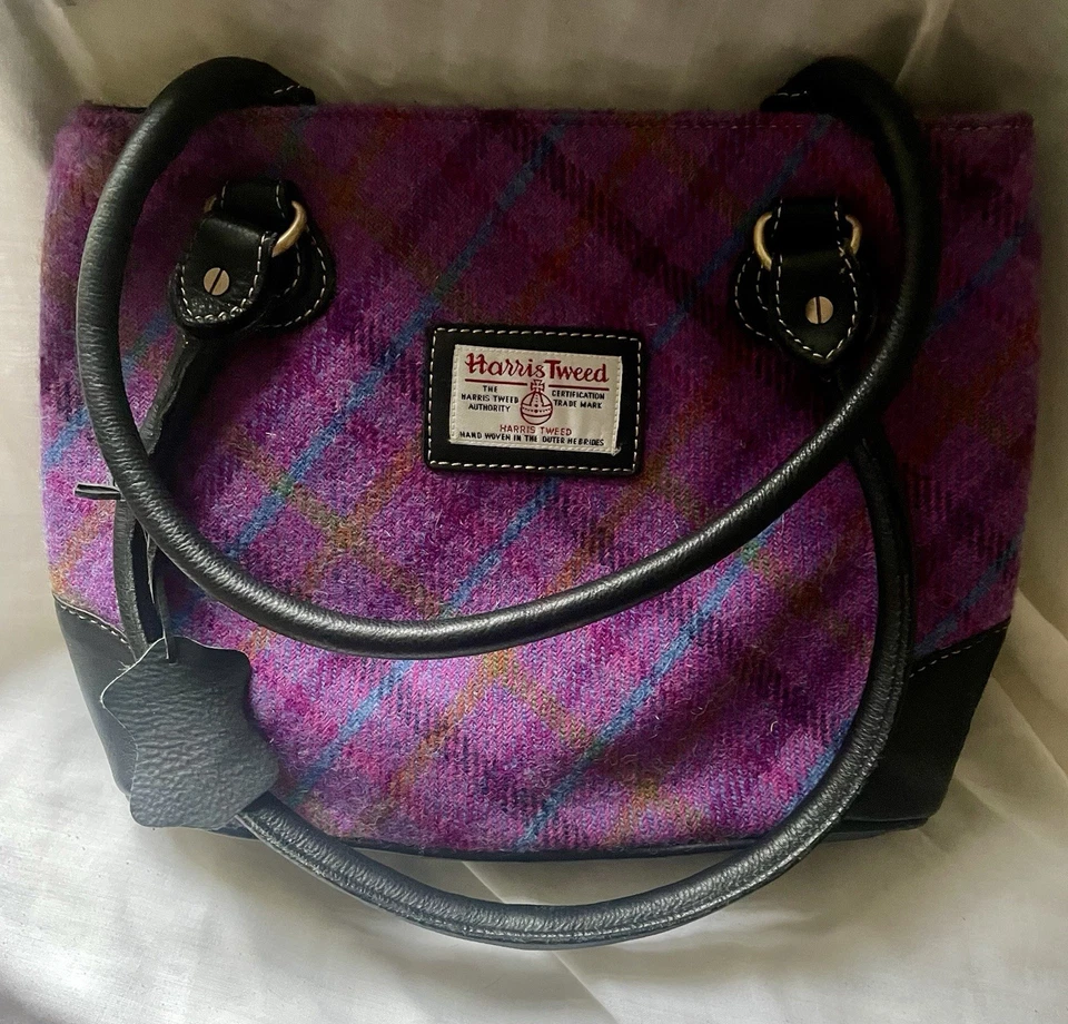 Large Harris Tweed Purple Tartan Shoulder  Bag Tweed & Black Leather - Image 1 of 4