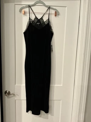 Vestido sin Mangas Express Mujer Mediano Negro Terciopelo Encaje Ribete Sin Mangas Forrado Años 90 De Colección Foto 1 de 4