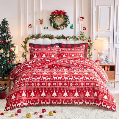Juego de edredón reversible Queen Navidad con copos de nieve y ciervos, 3 piezas Foto 1 de 4