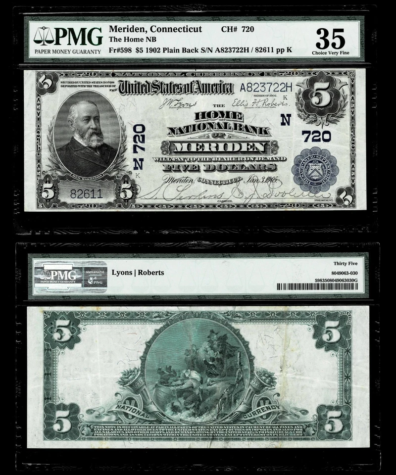 FR.#598 1902  $5 Large Size  National Currency, MERIDEN, CT , CH#720  PMG CH VF - Image 1 of 1