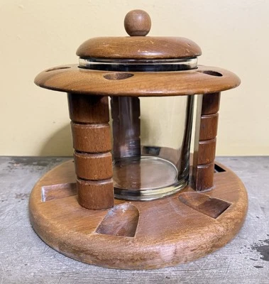 SOPORTE PARA PIPA DE MADERA DE ARCE VINTAGE CON TARRO DE TABACO DE VIDRIO-DUK-IT Foto 1 de 4