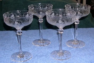 4 Elegant Crystal Champagne Glasses, Floral Pattern Etching, 6" Tall - Picture 1 of 1