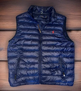 Polo by Ralph Lauren gefütterte Weste Herren XL dunkelblau Entendaunen kleines Pony verstaubar - Bild 1 von 3