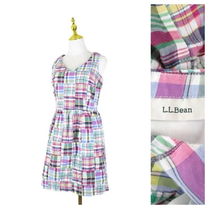 L.L. Bean Womens Petite Pink White Green Madras Plaid A-line Dress Size 6P - Picture 1 of 11