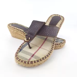 Burberry Nova Check 38 Brown Leather Espadrille Thong Wedge Sandal - Picture 1 of 10