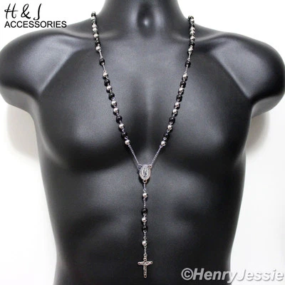 Collar Rosario Virgen María 29+5" Acero Inoxidable 8mm Plateado/Negro Cuentas*10 Foto 1 de 3