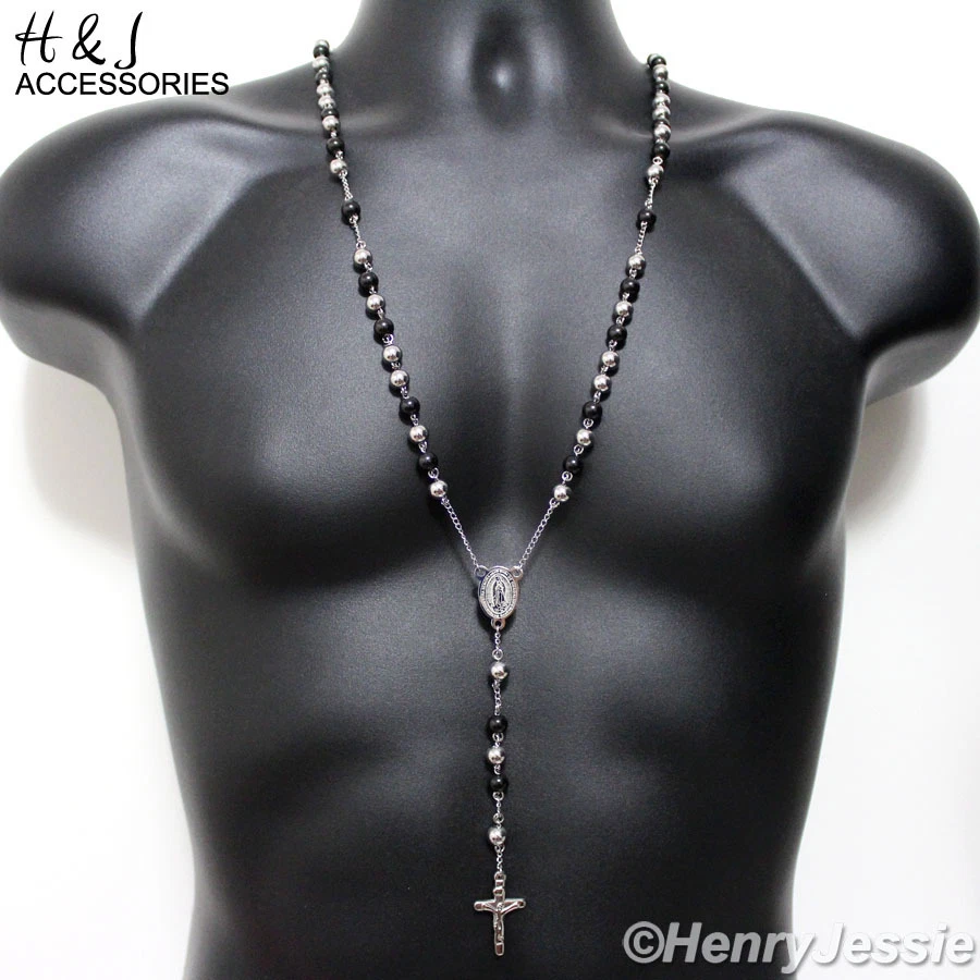 29 + 5 «Нержавеющая сталь 8 мм серебро/черный покрытием бусина Virgin Mary четки ожерелье * 10 - Изображение 1 из 3