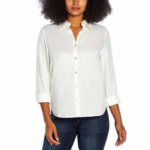 Orvis Shirt Womens Small White Long Sleeve Linen Blend Button Up Lightweight Top