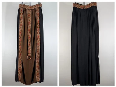 Maxi Falda Vintage Años 70 Negra Sensación de Lino Pesado Floral Bordada Boho Arte Popular  Foto 1 de 4