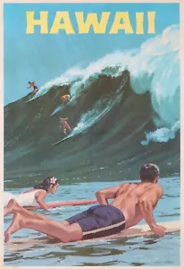 POSTER DA VIAGGIO VINTAGE HAWAII SURF circa 1950 - Foto 1 di 1