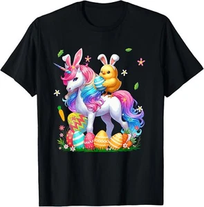 Bunny Chick Ridding Unicorn Easter Hunting Colorful Eggs T-Shirt - Picture 1 of 5