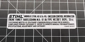 Stihl MS 200T Chainsaw Emissions Label Stihl Label #1129 967 3410, #11299673410 - Picture 1 of 1