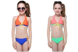NWT GIRLS 6, 8 ORANGE & BRILLIANT BLUE or CORAL & GREEN CUTOUT HALTER BIKINI - Picture 1 of 12