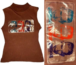 JUNIOR GAULTIER Vtg 90s Brown Portrait PVC Vinyl Patch Sleeveless Tank Tee Sz M - Picture 1 of 9