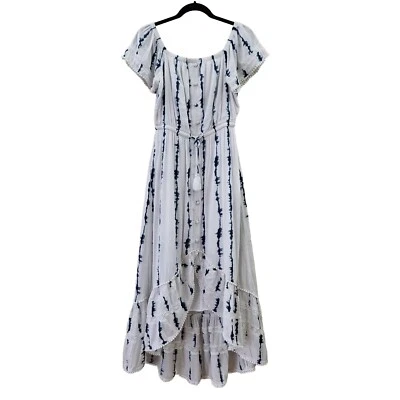 Womens S Cotton Blend Ruffle Hi-Low Midi Dress Gauzy Flowy Lace & Pom Pom Trim  Foto 1 de 4
