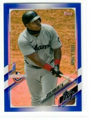 JESUS AGUILAR 2021 Topps Opening Day BLUE HOLO-FOIL Edition #76 Miami Marlins  - Image 1 of 2