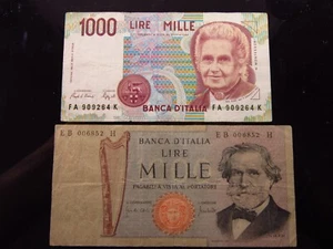 Italy 1000 Lire 1968 & 1000 Lire 1990 9264h90 Pair d'Italia Italia Bank Money - Picture 1 of 2