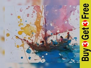 Colorful Sailboat Scene 5"x7" Print on Matte Paper | Abstract Watercolor Art - Picture 1 of 7