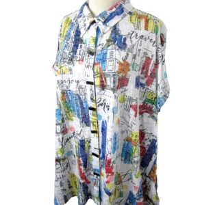 Camisa Ali Miles Art Wear tejida elástica con botones manga corta estampado de ciudad París 4X - Imagen 1 de 6