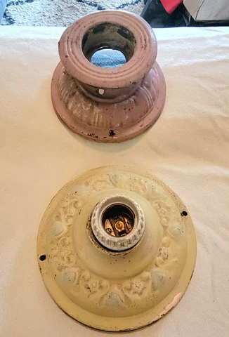 Antique Lot of Two Art Deco Floral Pressed Tin Flush Mount Single Light Fixtures Cover