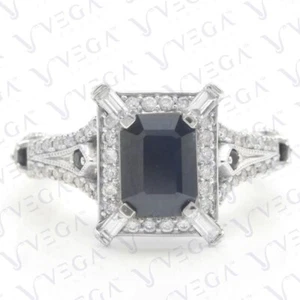 4.60Ct Emerald Cut Natural Sapphire & Diamond Wedding Ring 18K White Gold Plated - Picture 1 of 17