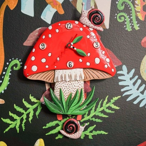 @ New ALLEN DESIGNS Wall Clock RED MUSHROOM SNAIL Garden Spot Swing Pendulum Cover