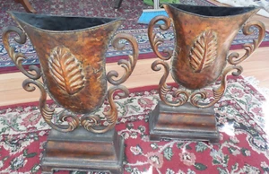 PAIR of Vintage Tin Urn Shaped Planters/Vases with Weighted Bases 19.75" tall - Picture 1 of 6