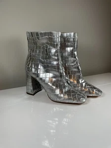 Botines Sam Edelman Croc Plateados Cuero Tacón Bloque Talla 10 Metálicos - Imagen 1 de 12
