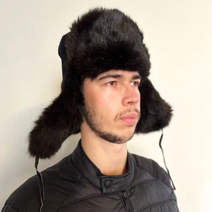 1980s Soviet Ushanka VTG Ukrainian Suede & Rabbit Fur Trapper Hat 57cm Medium - Picture 1 of 11