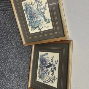 ASIAN ART PRINT CHINESE Green Blue VTG 1920s Genre Paintings FRAMED Set Of 2 - Picture 1 of 5