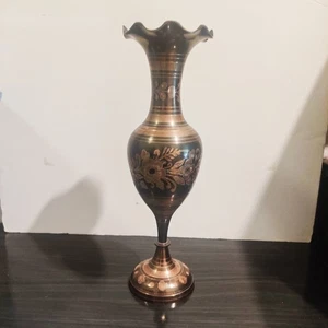 Vintage Brass Indian Vase Black And Gold Etched Metal Floral 14" X 4.5" 80's - Picture 1 of 8