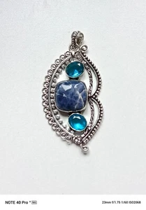 Handcrafted Sodalite & Blue Topaz Pendant Artistic Tibetan Silver Design Boho - Picture 1 of 2