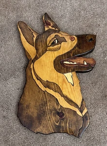 Hand crafted 3D Intarsia Wood Art GERMAN SHEPHERD Dog Sign Wall Plaque Signed - Picture 1 of 8
