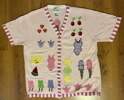 Vintage Sweater Quacker Factory Summer Vibes Beach Cardigan Pink Women’s L - Image 1 of 4